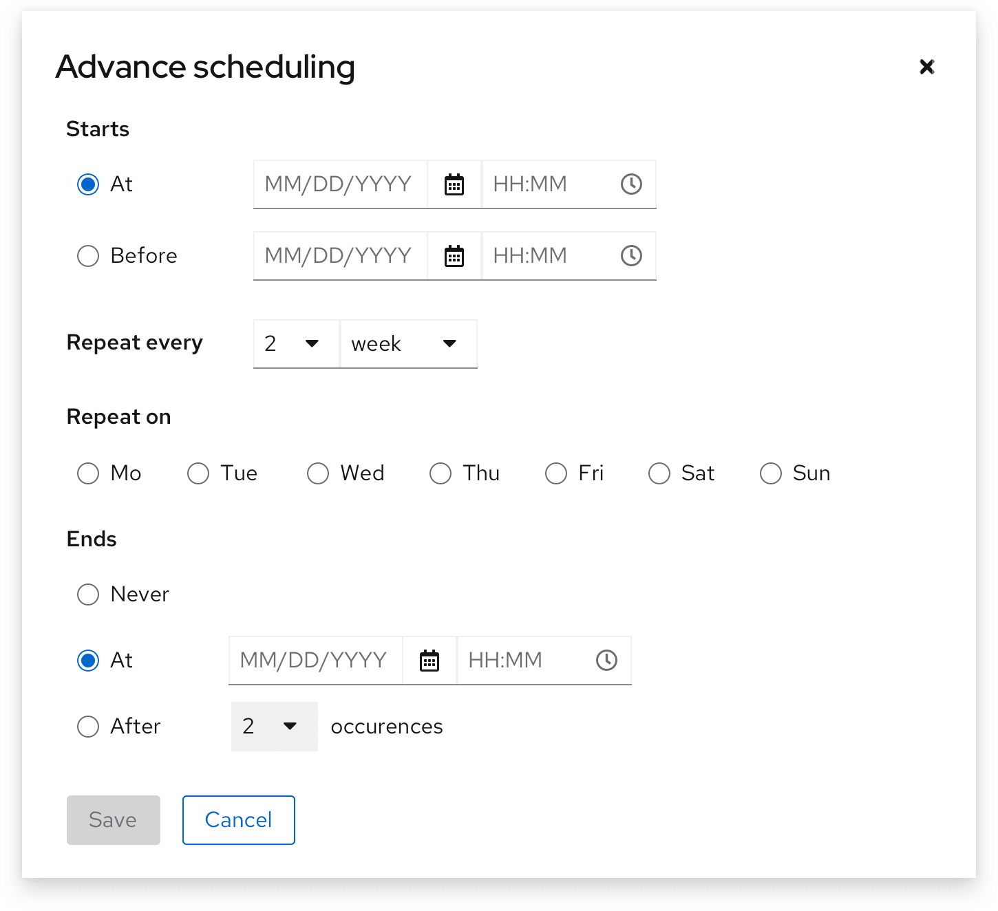 Example of a date picker used with other scheduling options